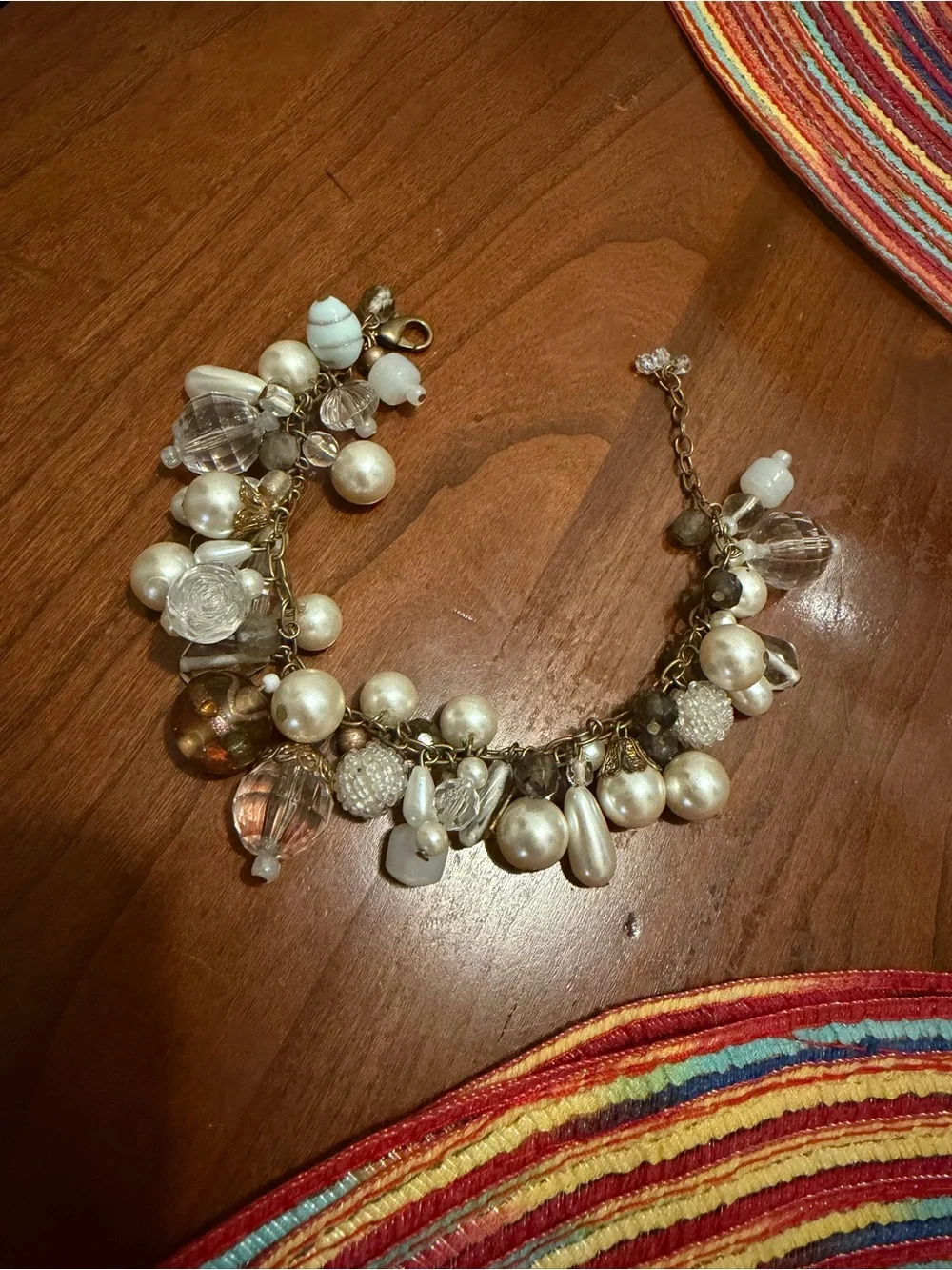 Vintage Gold Chain Pearl & Crystal Charm Bracelet - Women Jewelry